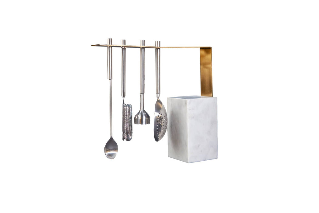 White Marble & Gold Hanging Bar Tools Set: Stainless Steel / White
