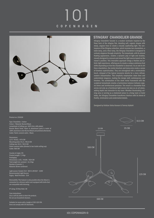 101 Copenhagen Stingray Chandelier, Grande - Burned Black 5m, (UL/NA)