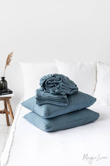 Grey blue linen sheet set: US King + King pillowcases