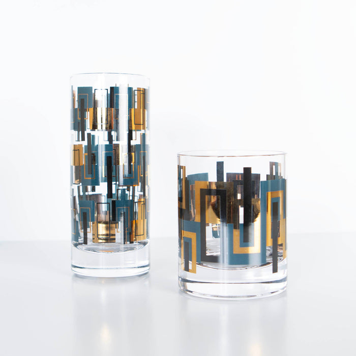 Blue and Gold Squares Vintage Whiskey Cocktail Glass