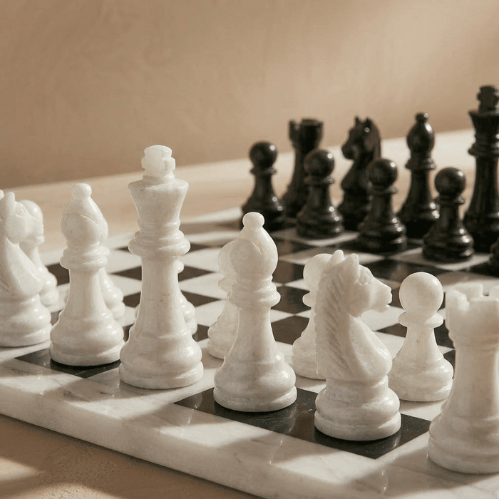 Marble Chess Set with Storage Case - White and Black: 13 inch