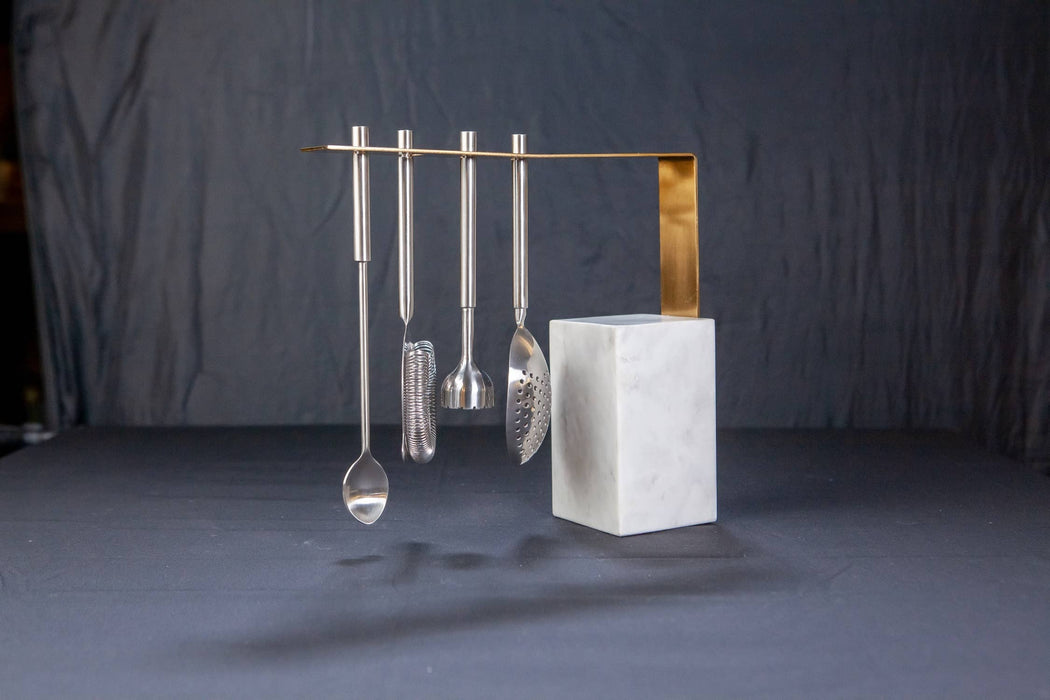 White Marble & Gold Hanging Bar Tools Set: Stainless Steel / White