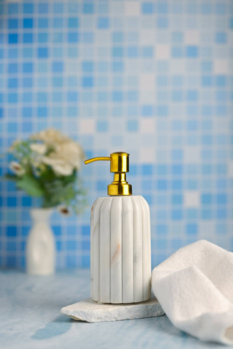 White Marble Soap Dispenser w/ Grooving: Marble / White